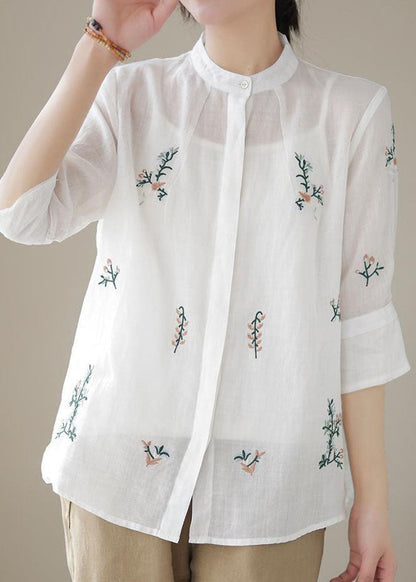 White Patchwork Linen Blouses Embroidered Stand Collar Summer