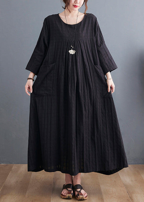 Loose Black O-neck Patchwork Pockets Maxi Dress Bracelet Sleeve