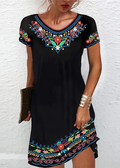 Purple O Neck Print Cotton Mid Dress Summer