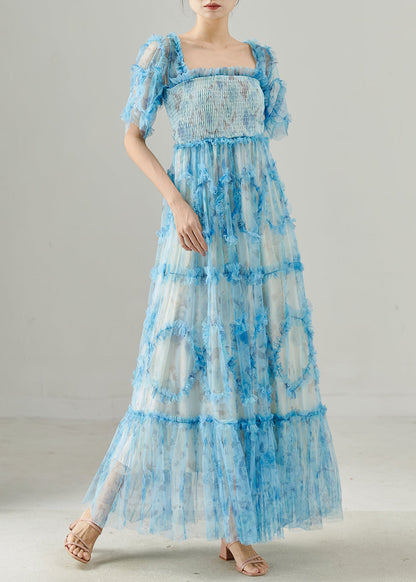 Blue Ruffled Patchwork Tulle Dresses Summer