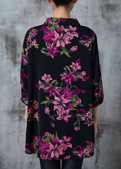 Purple Oversized Print Silk Blouse Top Summer