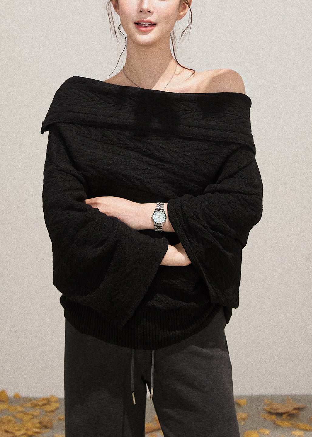 Black Cold Shoulder Knit Short Sweater Fall