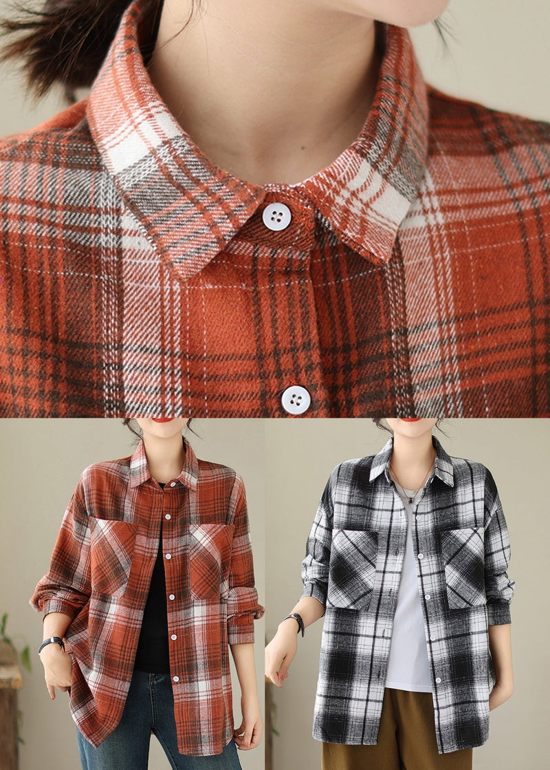Orange Peter Pan Collar Pockets Plaid Cotton Coat Fall