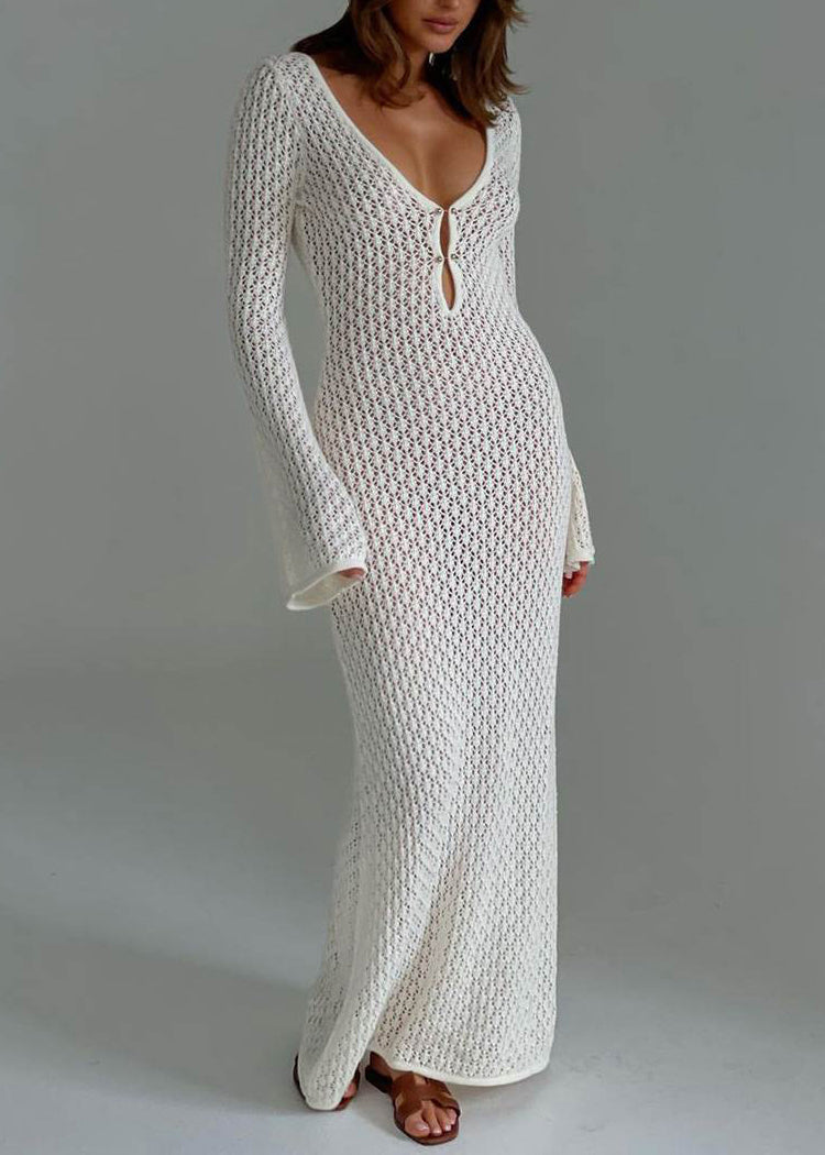 European and American Style White V Neck Hollow Out Knit Long Dress Spring