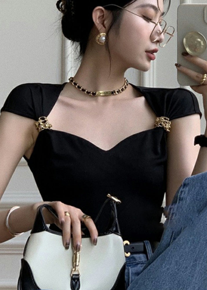 French Black Square Collar Short Top for Summer