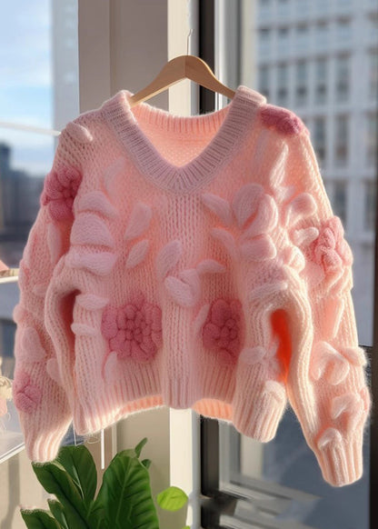 Pink V Neck Original Design Knit Cardigans Fall