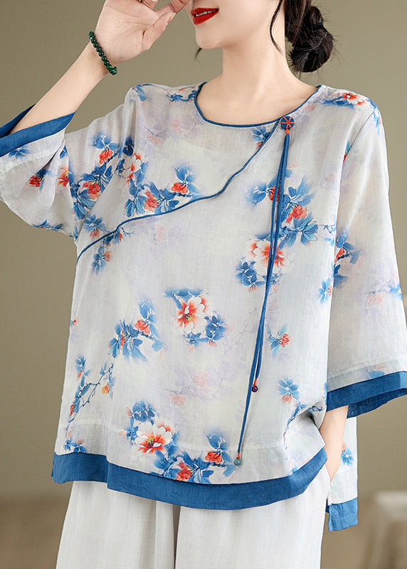 Blue O-neck Print Patchwork Shirt Long Sleeve