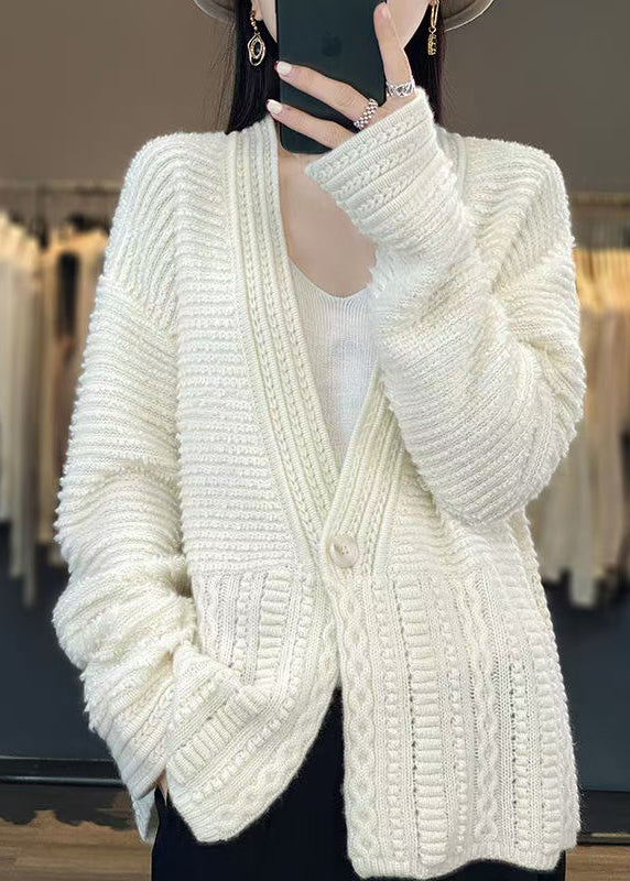 White V Neck Button Woolen Cable Knit Coats Spring