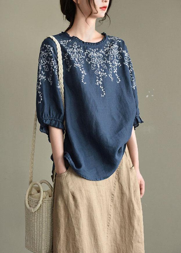 Handmade Navy Lantern Sleeve Ruffled Summer Cotton Linen Shirt Tops