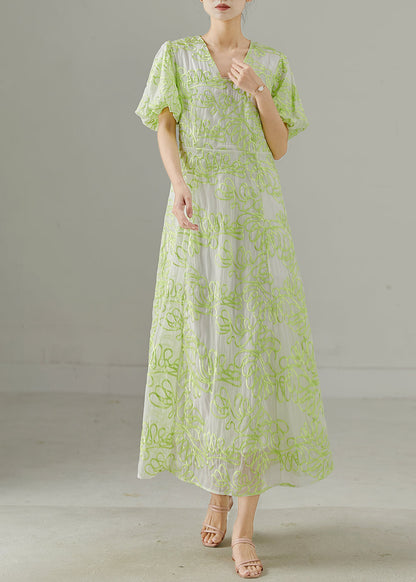 Fluorescent Green Embroidered Silk Holiday Dresses Summer
