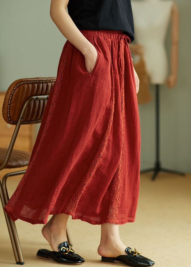 Simple Red Lace Patchwork Linen Skirt Spring