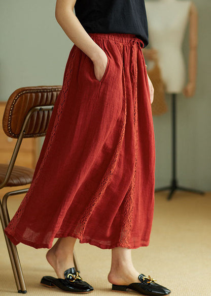 Simple Red Lace Patchwork Linen Skirt Spring