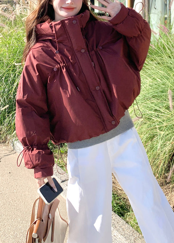 Red Stand Collar Drawstring Duck Down Puffer Jacket Winter