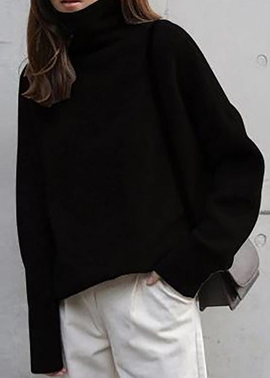 French Khaki Hign Neck Thick Knitted Sweaters Tops Fall