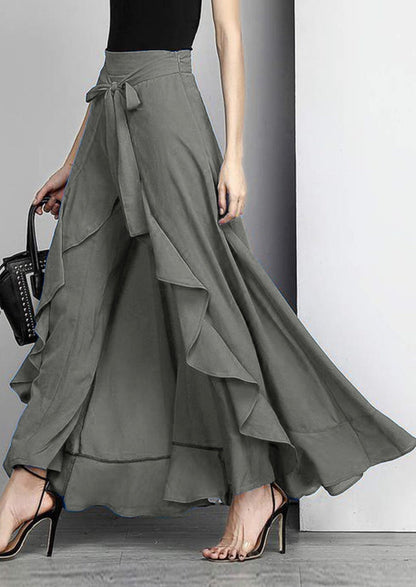 Grey Waist Spliced Ruffle Hem Straight Leg Skirt