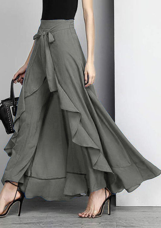 Grey Waist Spliced Ruffle Hem Straight Leg Skirt