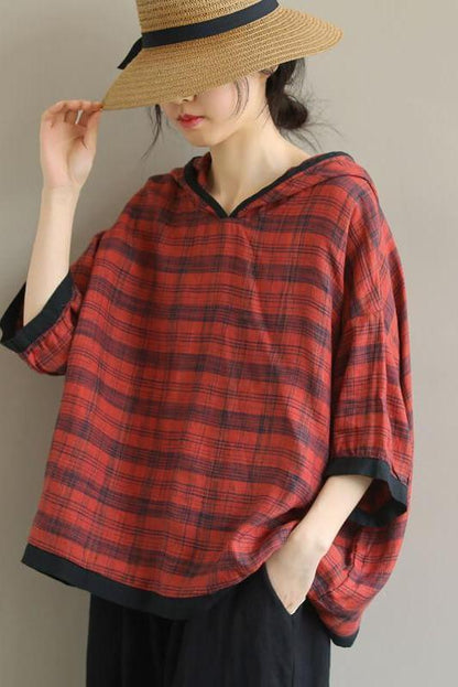 Cotton Plaid Hooded Color Patchwork T-shirt