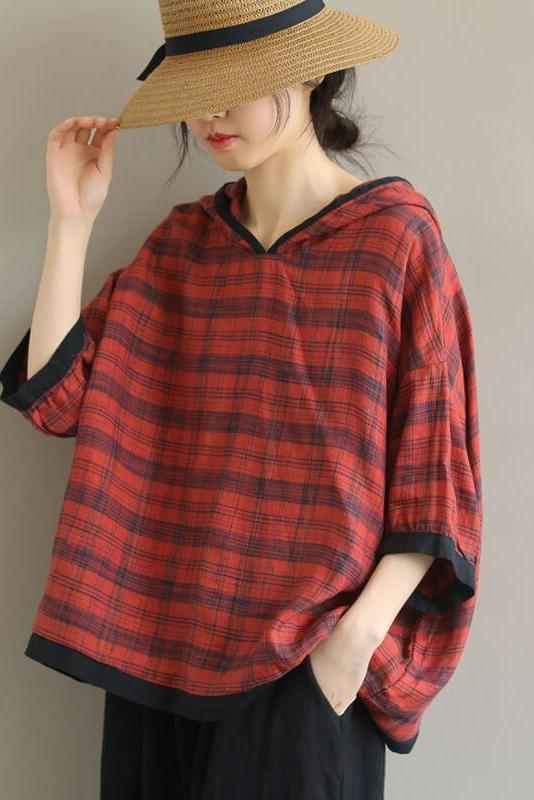 Cotton Plaid Hooded Color Patchwork T-shirt