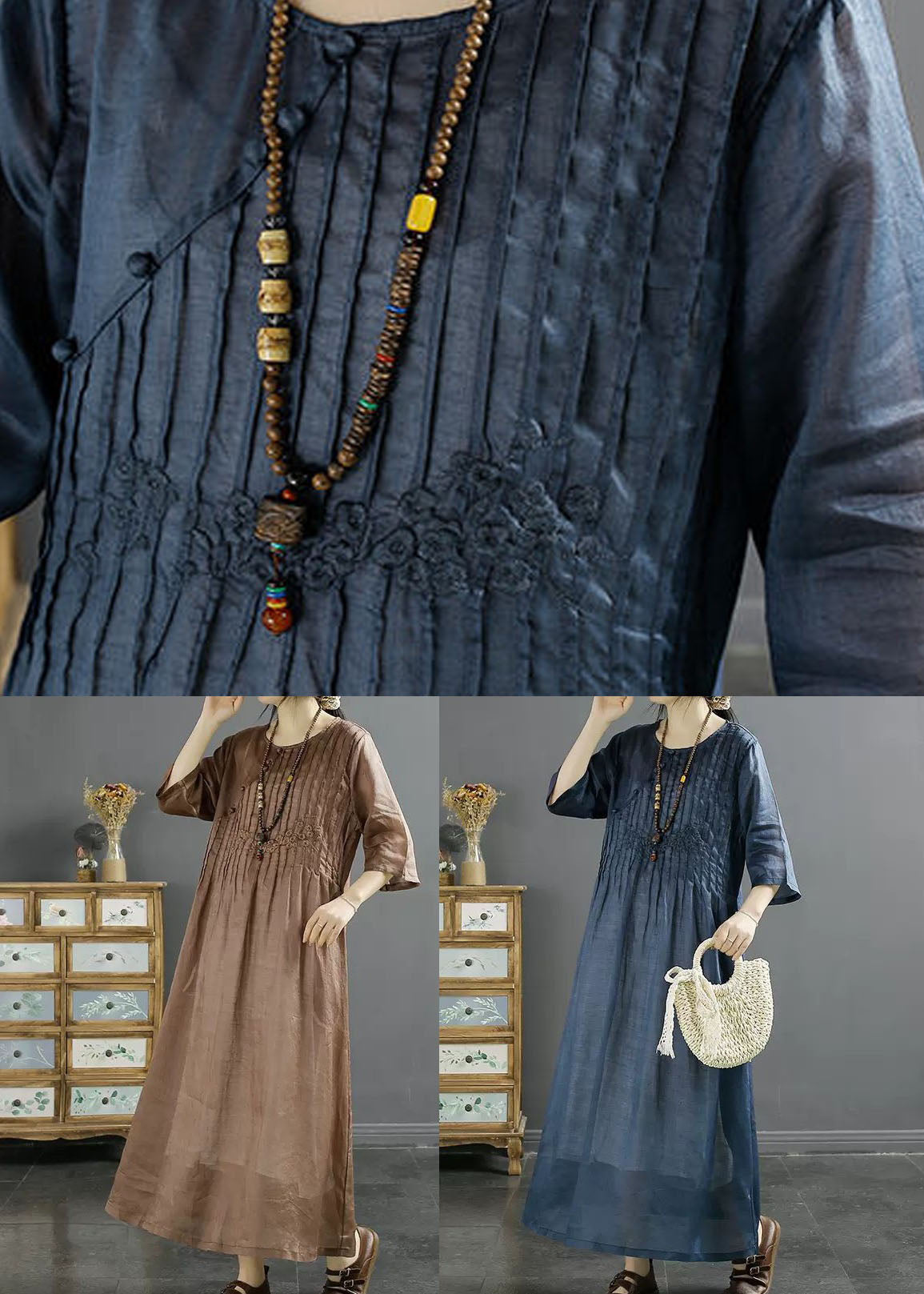 Italian Blue O Neck Embroidered Patchwork Long Linen Dresses Summer