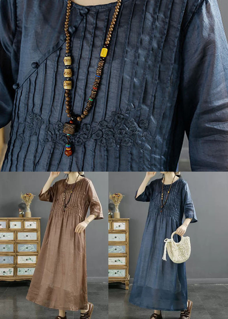 Italian Blue O Neck Embroidered Patchwork Long Linen Dresses Summer