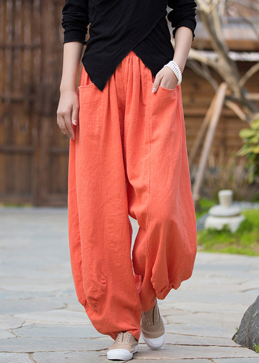 Orange Pockets Linen Pants High Waist