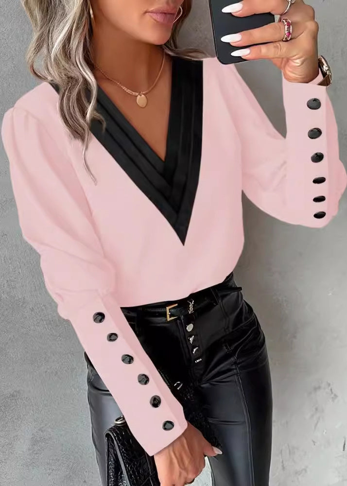 White V Neck Patchwork Cotton Shirts Spring