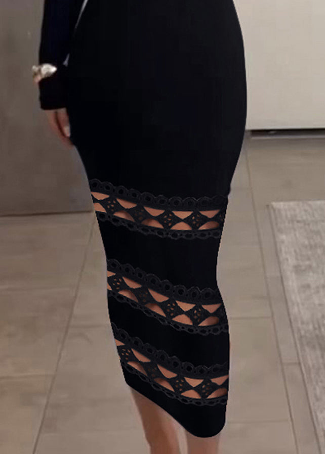 Slim Fit Black Slash Neck Hollow Out Cotton Dress Long Sleeve