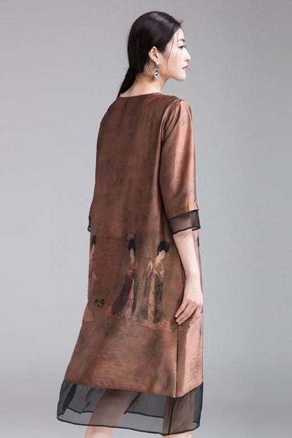 Coffee Quilted Loose Dresses