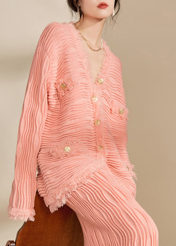 Pink V Neck Button Tassel Knit Cardiga Fall