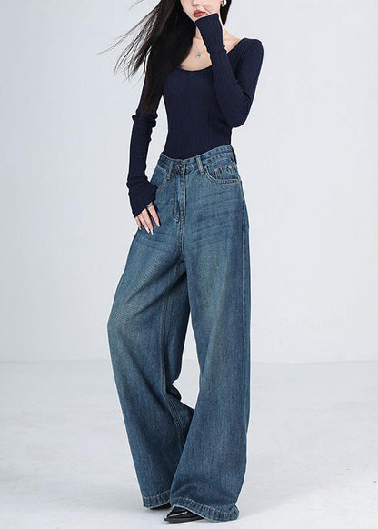 Blue Pockets High Waist Denim Wide Leg Pants Winter