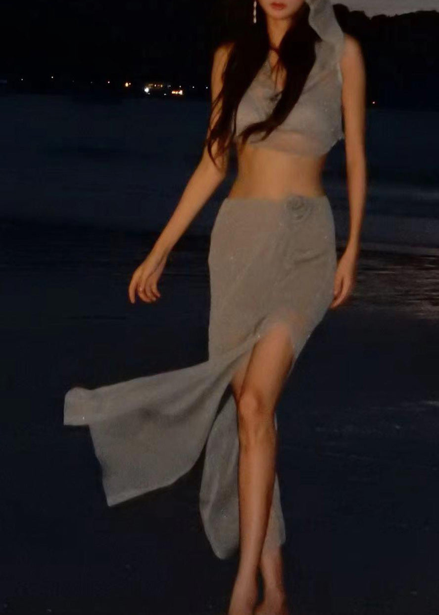 Little Grey Sequins Hooded Top and Maxi Skirts Lingerie Set