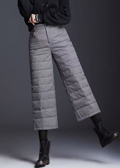 Grey Pockets High Waist Duck Down Crop Pants Winter