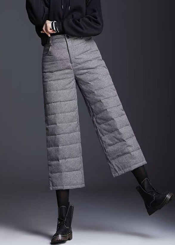 Grey Pockets High Waist Duck Down Crop Pants Winter