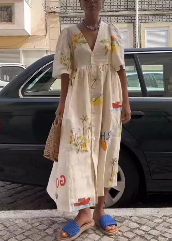 Unique White V Neck Print Button Cotton Long Dresses Summer