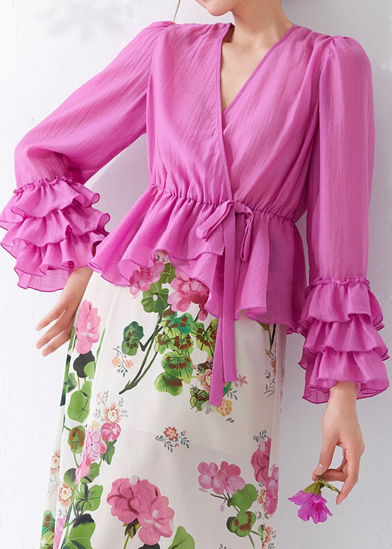 Pink Ruffled Lace Up Cotton Shirt Long Sleeve