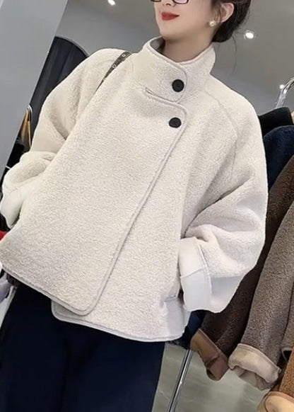 White Stand Collar Patchwork Pockets Faux Fur Coats Fall