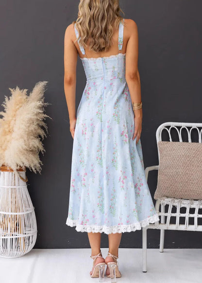 Slim Fit Light Blue Print Cotton Spaghetti Strap Dresses Summer