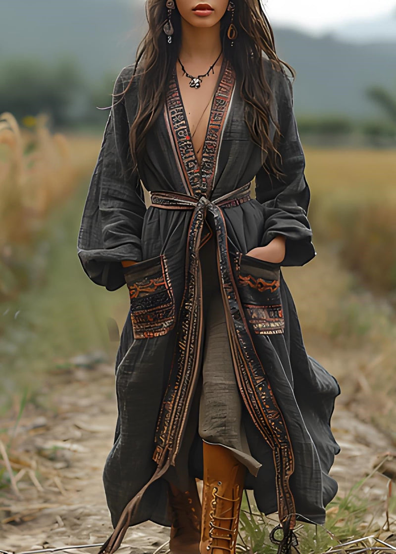 Black Print Pockets Cotton Loose Cardigans Spring