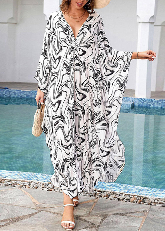 Grey V Neck Print Side Open Maxi Dresses Fall