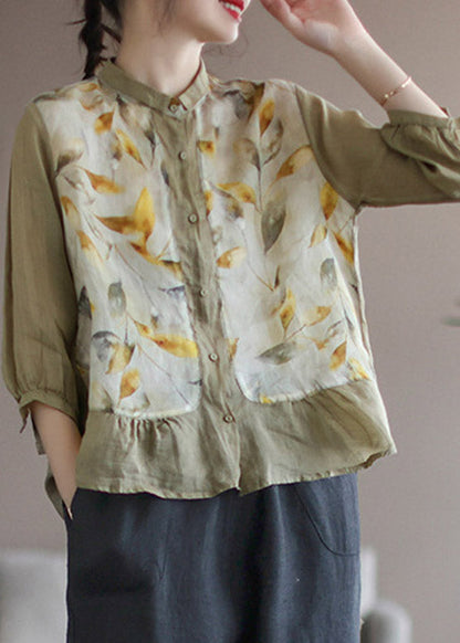 Khaki Peter Pan Collar Print Linen Shirt Long Sleeve