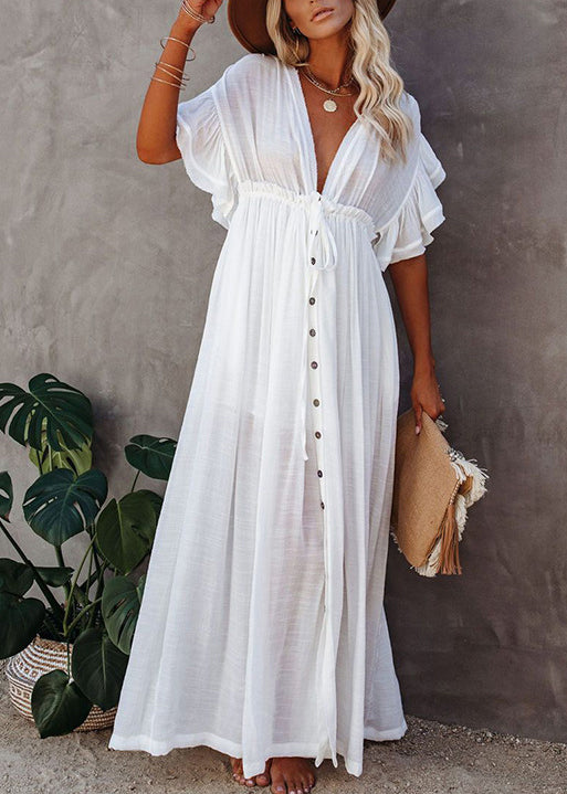White V Neck Drawstring Lace Up Chiffon Long Dress Summer
