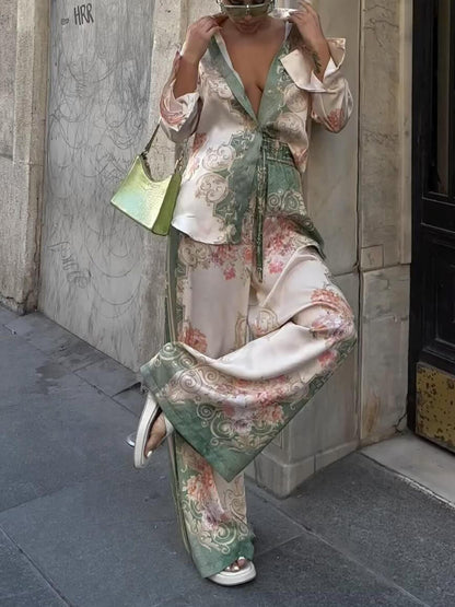 Oversized Loose Unique Printed Stretch Waist Wide Leg Pants