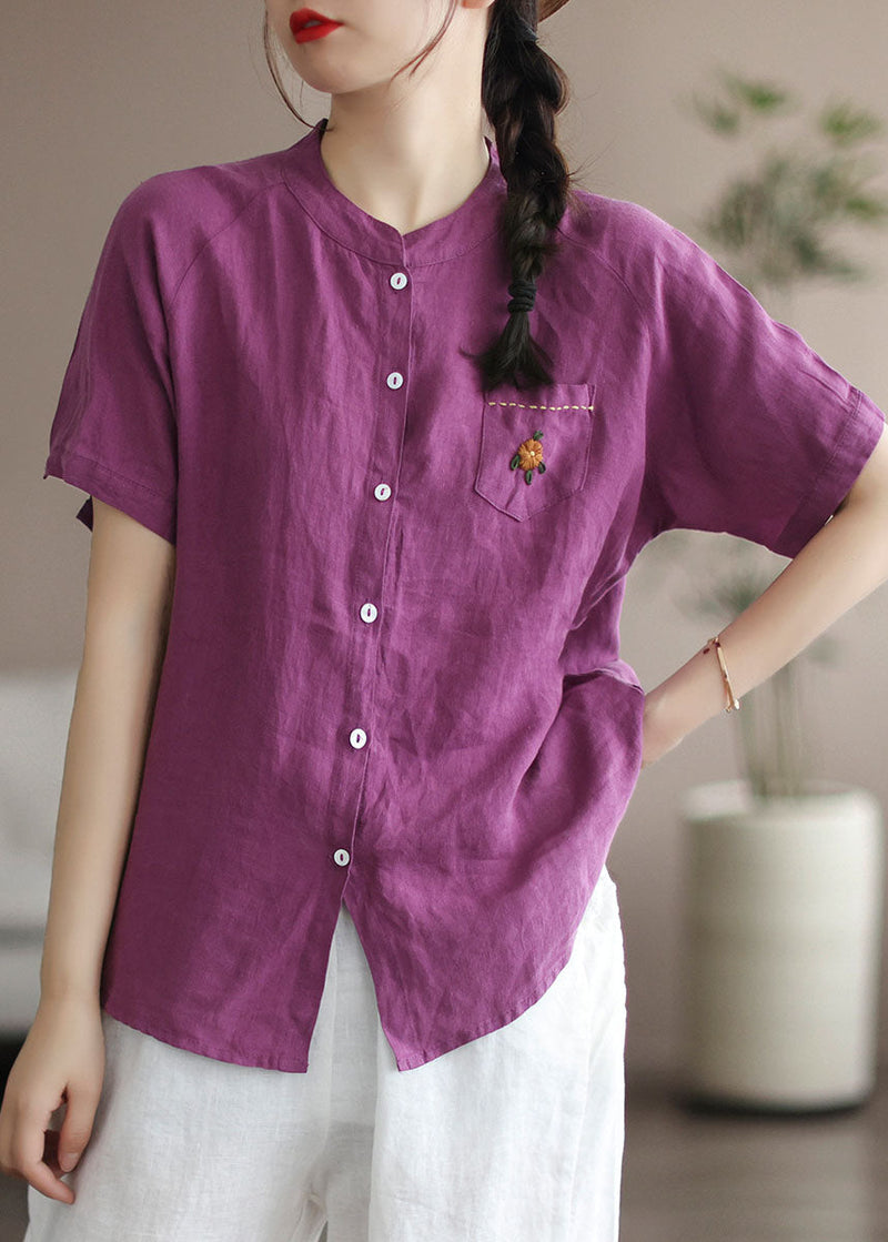 Purple Embroidered Pocket Linen Shirt Top Short Sleeve