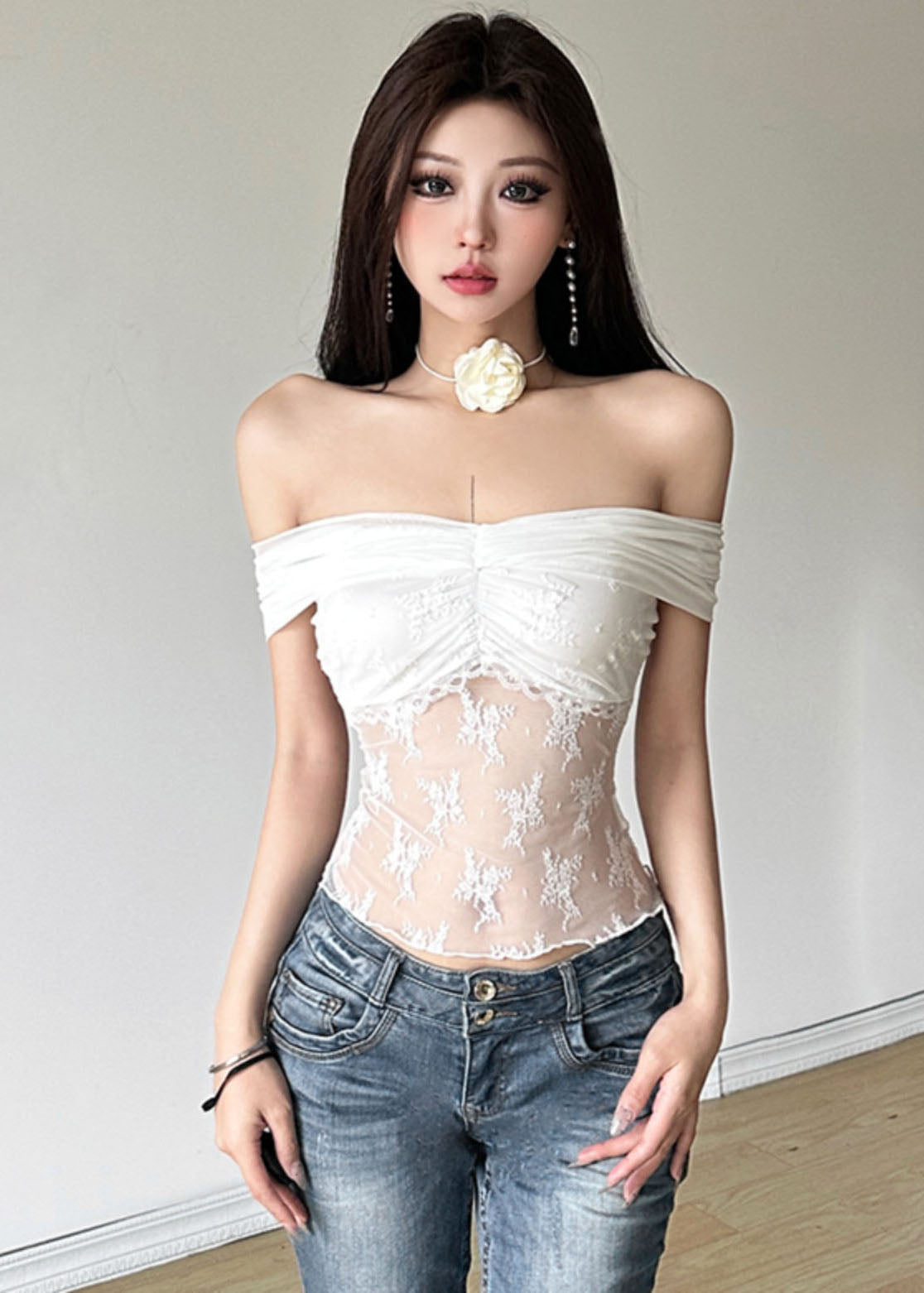 White Cold Shoulder Lace Patchwork Sheer Top Summer