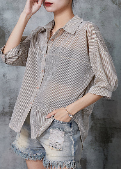 Khaki Striped Wrinkled Cotton Shirt Tops Summer