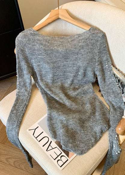 Modern Grey Nail Bead Hollow Out Knit Tops Spring