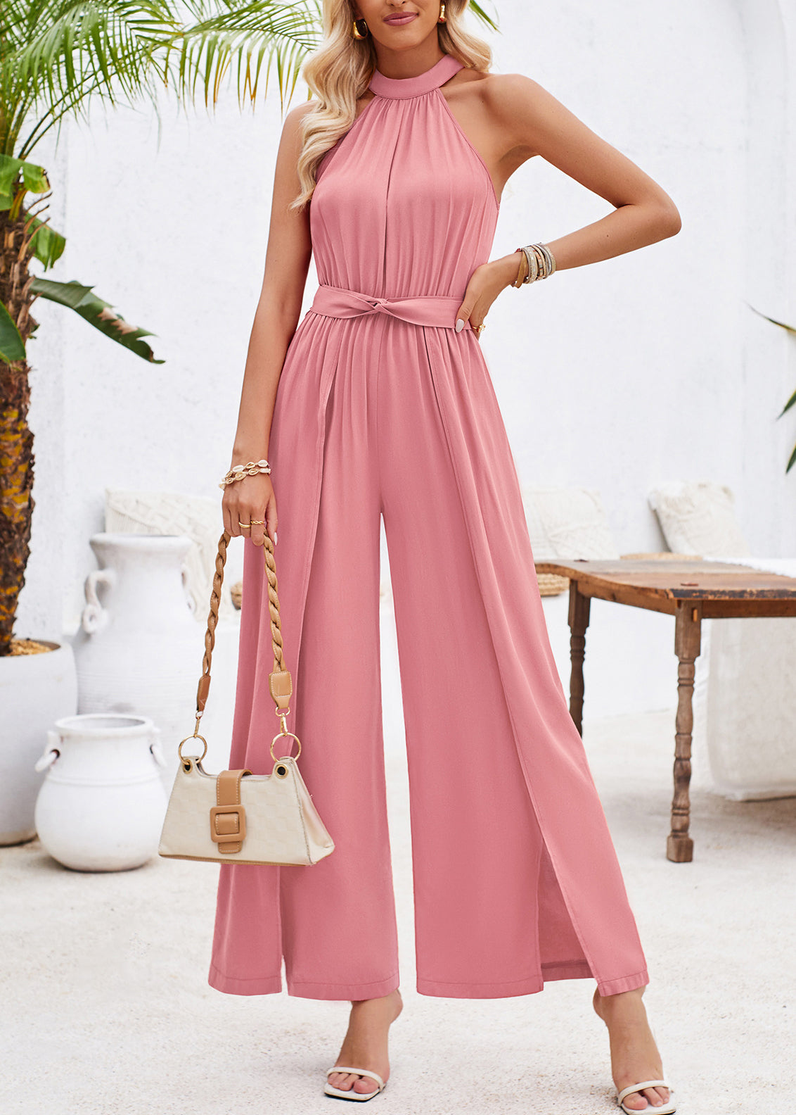 Stylish Green Side Open Tie Waist Cotton Jumpsuit Sleeveless