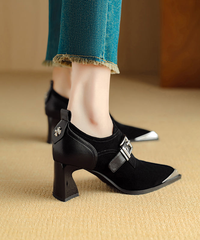 Splicing Chunky High Heels Brown Suede Pointed Toe