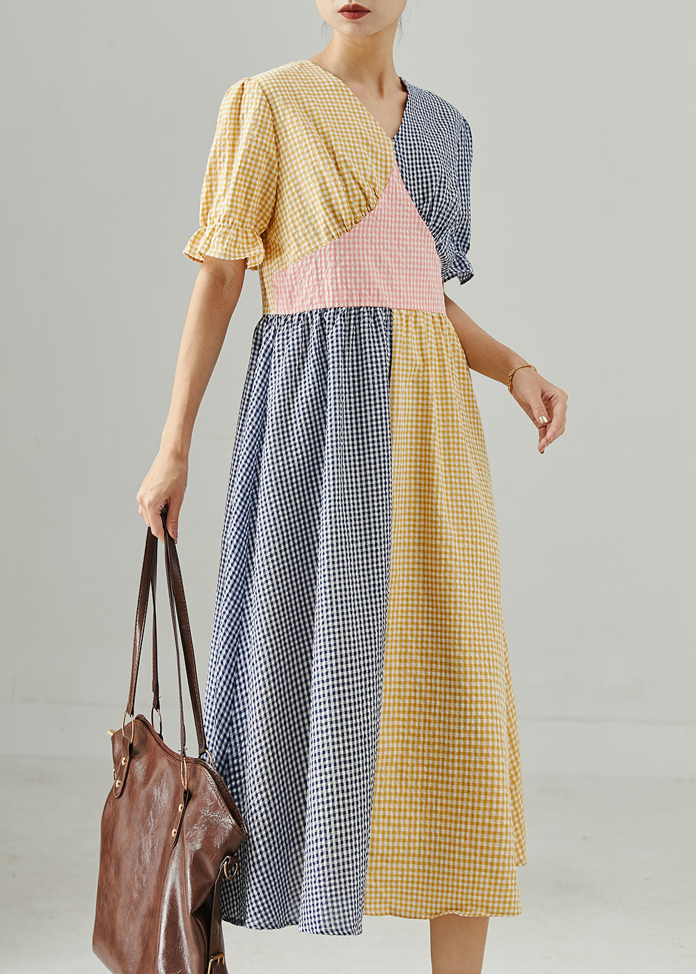 Colorblock Plaid Patchwork Cotton Dresses Summer
