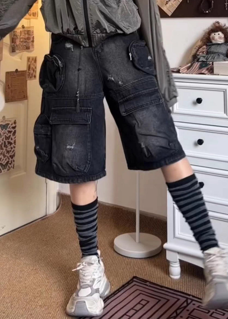 French Black Pockets Patchwork Shorts Summer